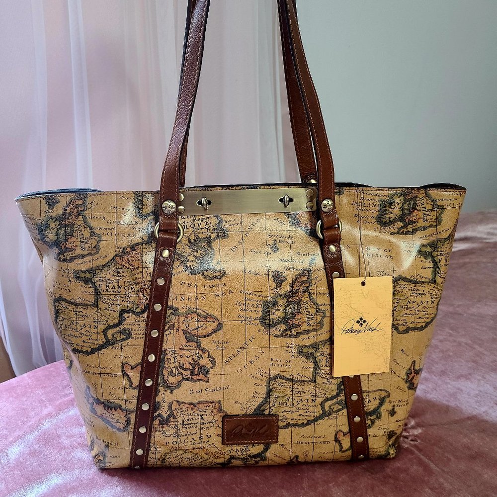 PATRICIA NASH Multicolor Leather Benvenuto Map Tote Lock Closure Stud Detailing